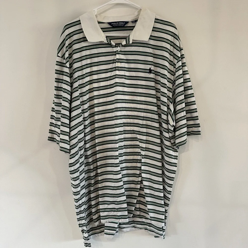 Polo Golf Ralph Lauren Polo Shirt XXL White Green Stripe Cotton Peru YGI‎ U3-53